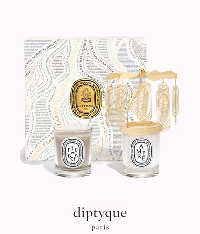 DIPTYQUE mini CAROUSEL set of 2 mini candles including feu de bois and ambre *XMAS23